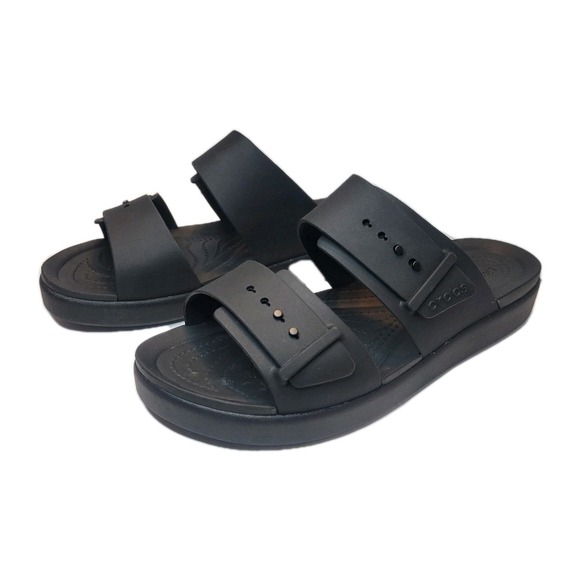 Crocs Womens Sz 9 Brooklyn Buckle Low Wedges Platform Sandals Black - Picture 2 of 6